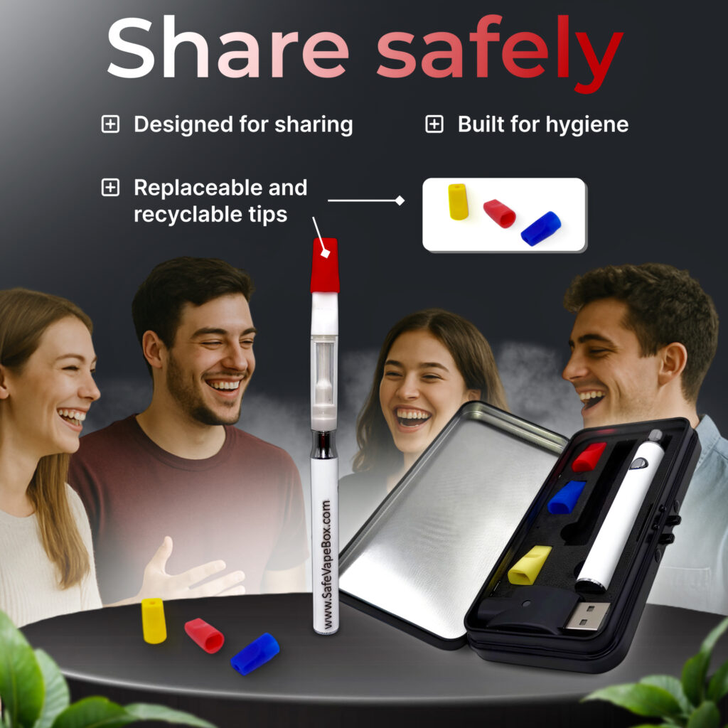 Safe VapeBox with hygiene tips, battery and charger.