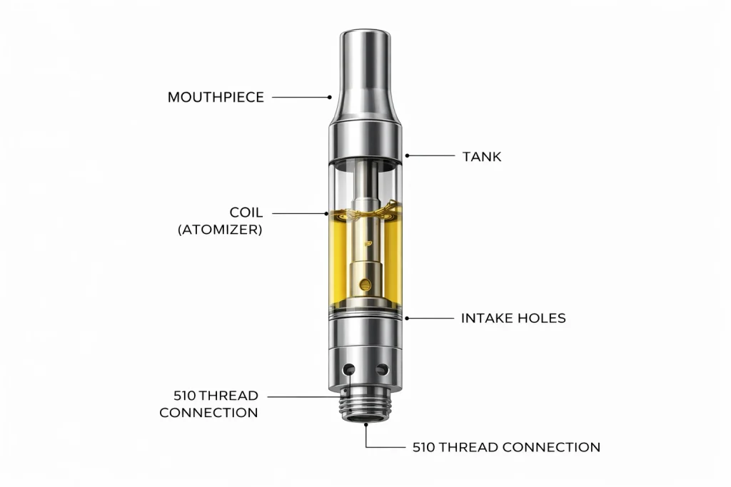 Diagram showing parts of a 510 cartridge including mouthpiece, tank, coil, and 510 thread