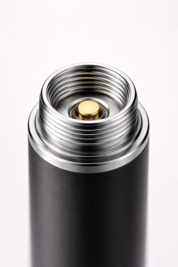 Close-up macro view of a 510 thread battery showing detailed metal threading and center contact pin on a clean, neutral background.