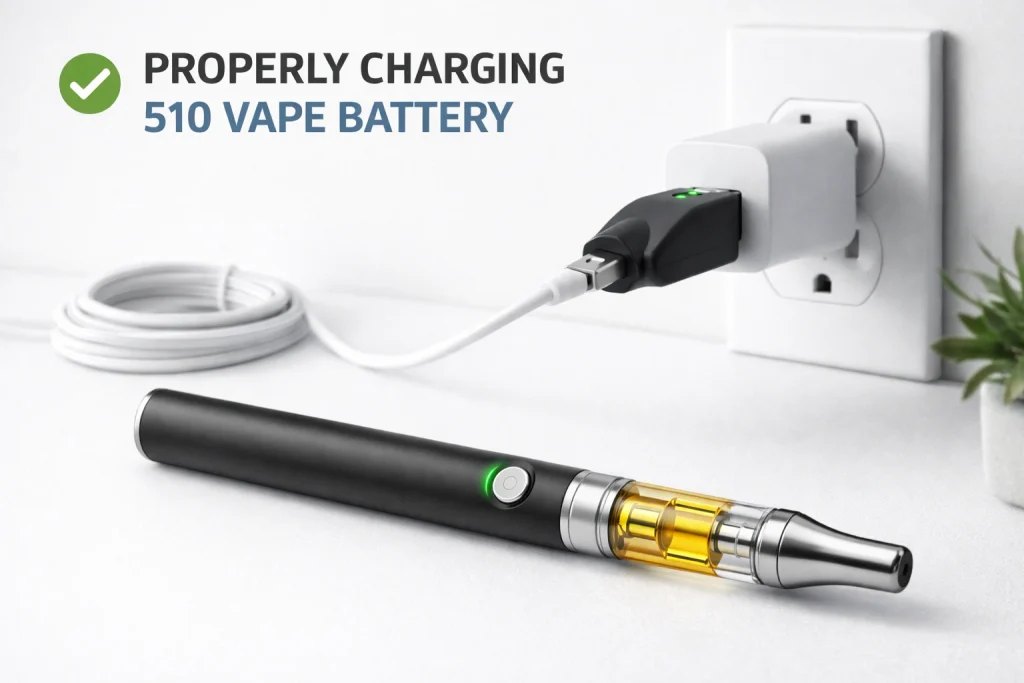 Educational safety image showing a 510 thread vape battery charging with a proper USB charger on a clean surface in a professional instructional setting.