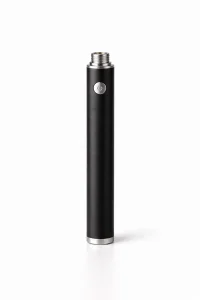 Professional product photo of a slim black 510 thread vape battery standing upright on a white background with soft shadows.