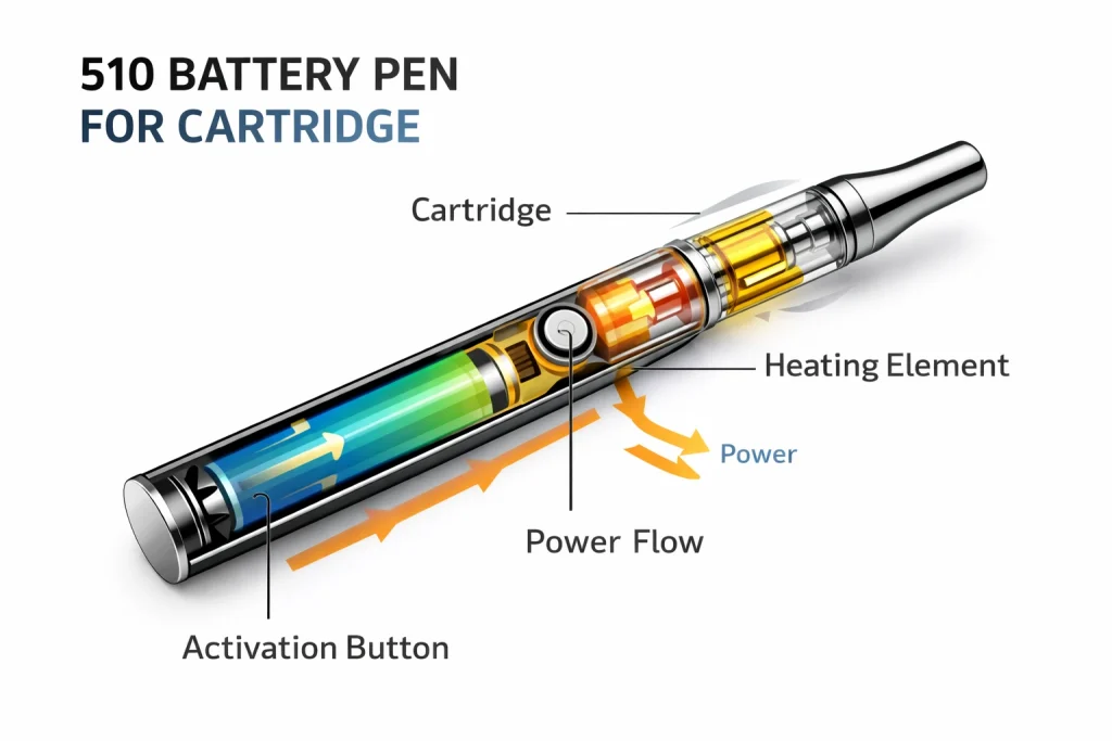 Cutaway illustration of a 510 vape battery pen showing internal battery, power flow, and heating element with labeled components in a modern educational design.