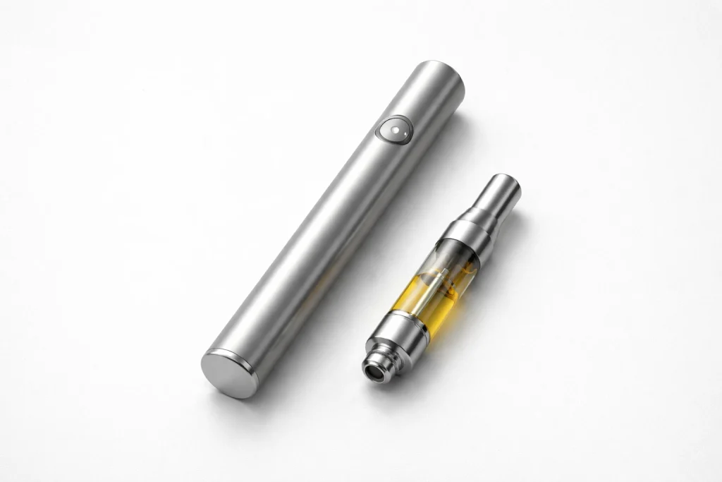 510 vape pen and 510 cartridge showing the threaded connection & Horizontal photo of a modern 510 thread battery with vape cartridge attached, clean white background, professional product photography. & Attaching cartridge to 510 thread vape battery correctly & Professional product photo of a slim black 510 thread vape battery standing upright on a white background with soft shadows. & vape pen battery​