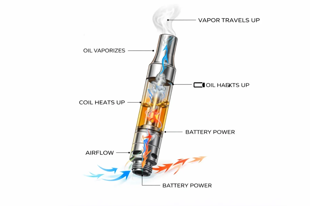 How a 510 vape cartridge works showing airflow, coil heating, and vapor path