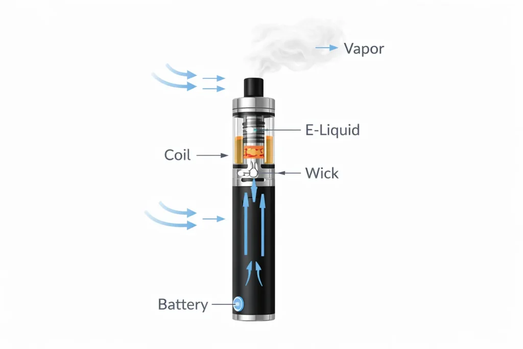 Diagram showing how vape juice heats into vapor inside a vape device