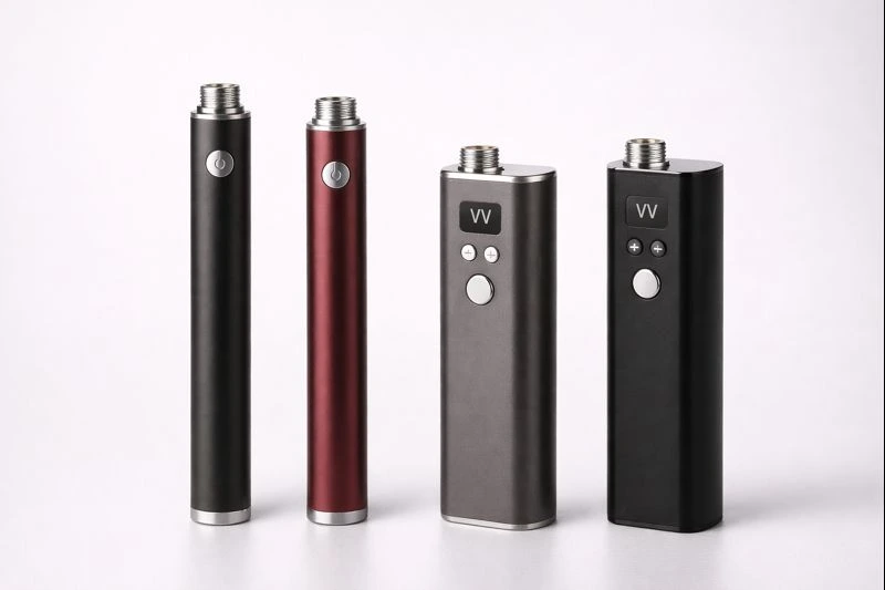 Side-by-side comparison of different vape 510 thread battery styles, including slim pen and variable voltage models, displayed on a clean white background. & 510 thread battery vape pen​