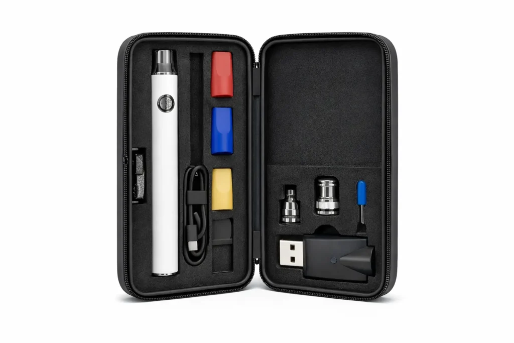 Vape box organizer with compartments for vape device pods and charging cable