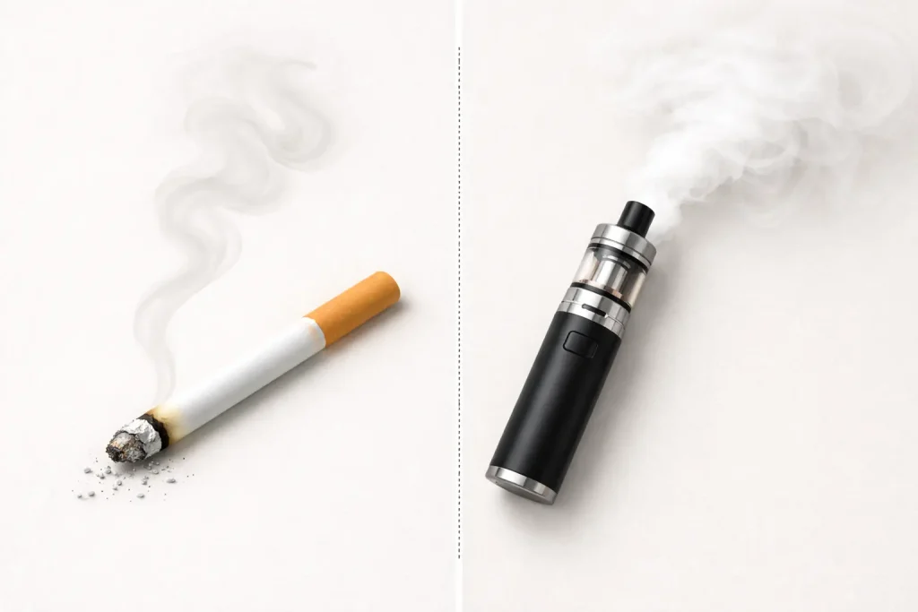 Comparison between vape liquid and cigarettes showing smoke versus vapor