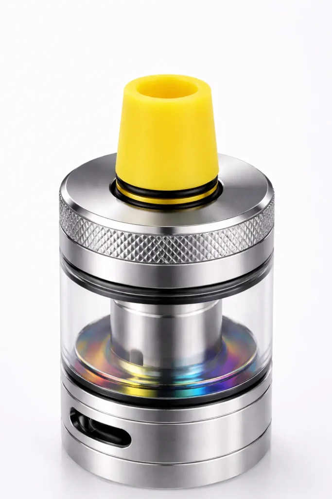Close-up showing what a drip tip is on a vape tank