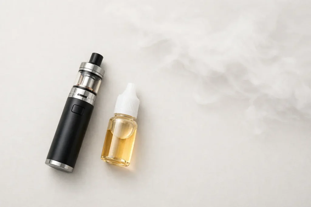 What is inside vape juice explained with vape device and e-liquid bottle