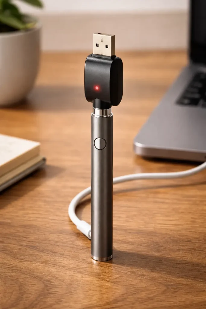 510 vape battery connected to USB charger with LED indicator light