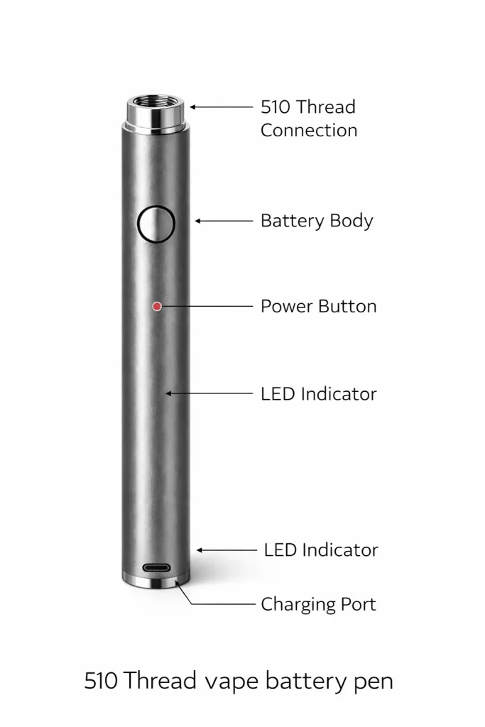 Labeled diagram showing parts of a 510 thread vape battery pen