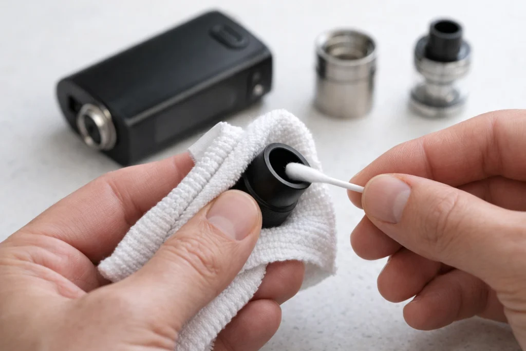 Hands cleaning a vape mouthpiece with a cloth and cotton swab, demonstrating proper vape hygiene and device maintenance.